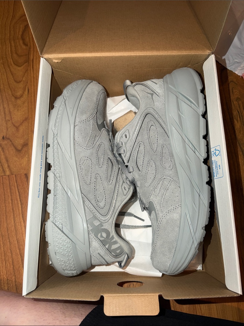 Hoka Clifton Suede Athletic Shoes in Light Gray
